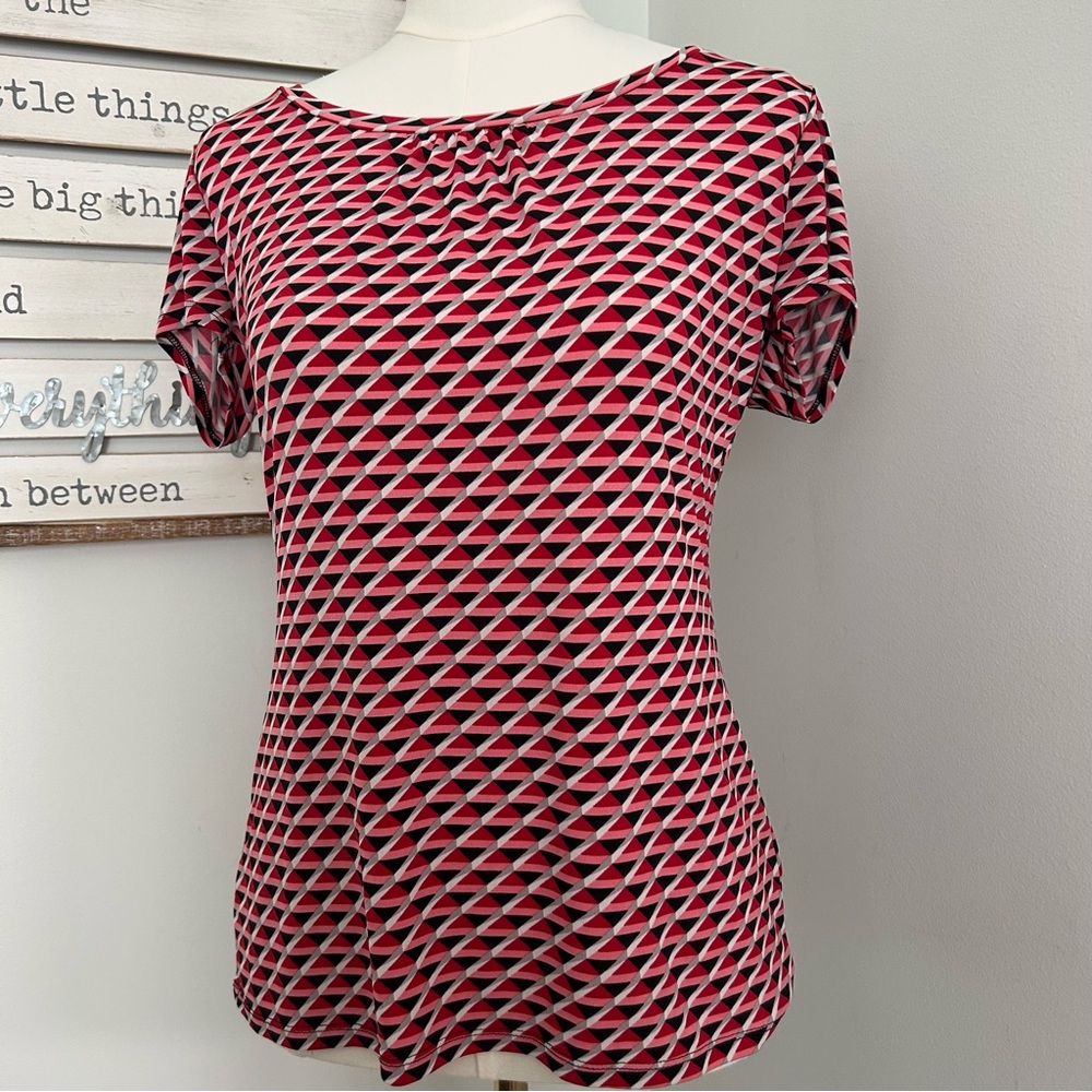 Worthington Geometric Print Blouse/Top Stretchy Round Neck Short Sleeve Size M
